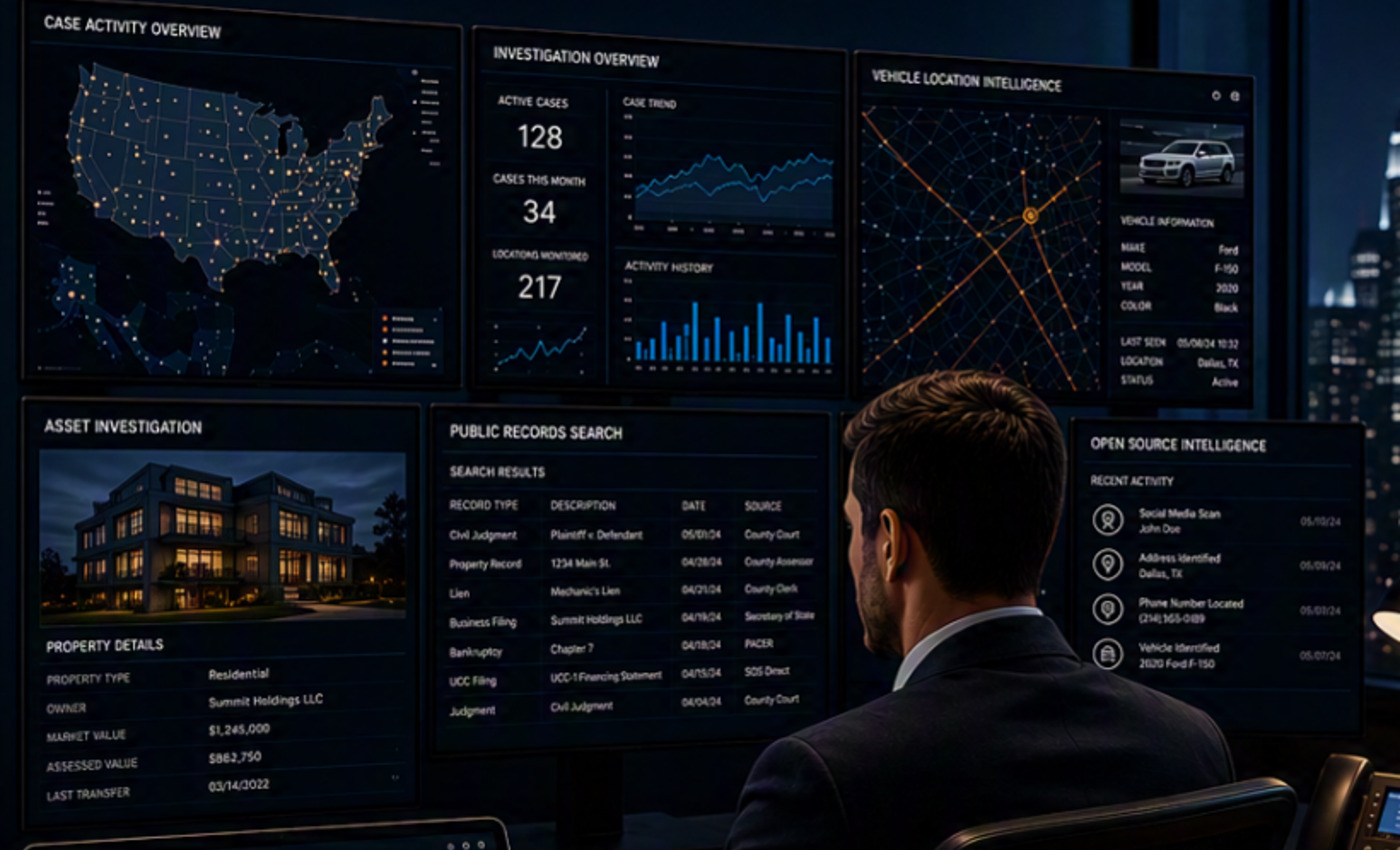 Investigation command center with case activity, mapping, and location intelligence dashboards